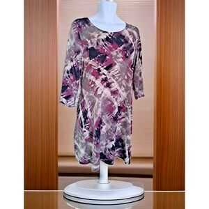 Honeyme Swing Dress XL Purple Abstract Print Pullover 3/4 Sleeve Casual Stretch